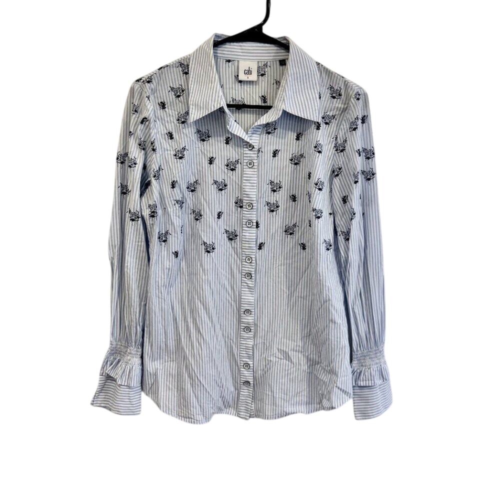CAbi #5368 Whitney Floral Blue Stripe Button Down Shirt Womens Size Small